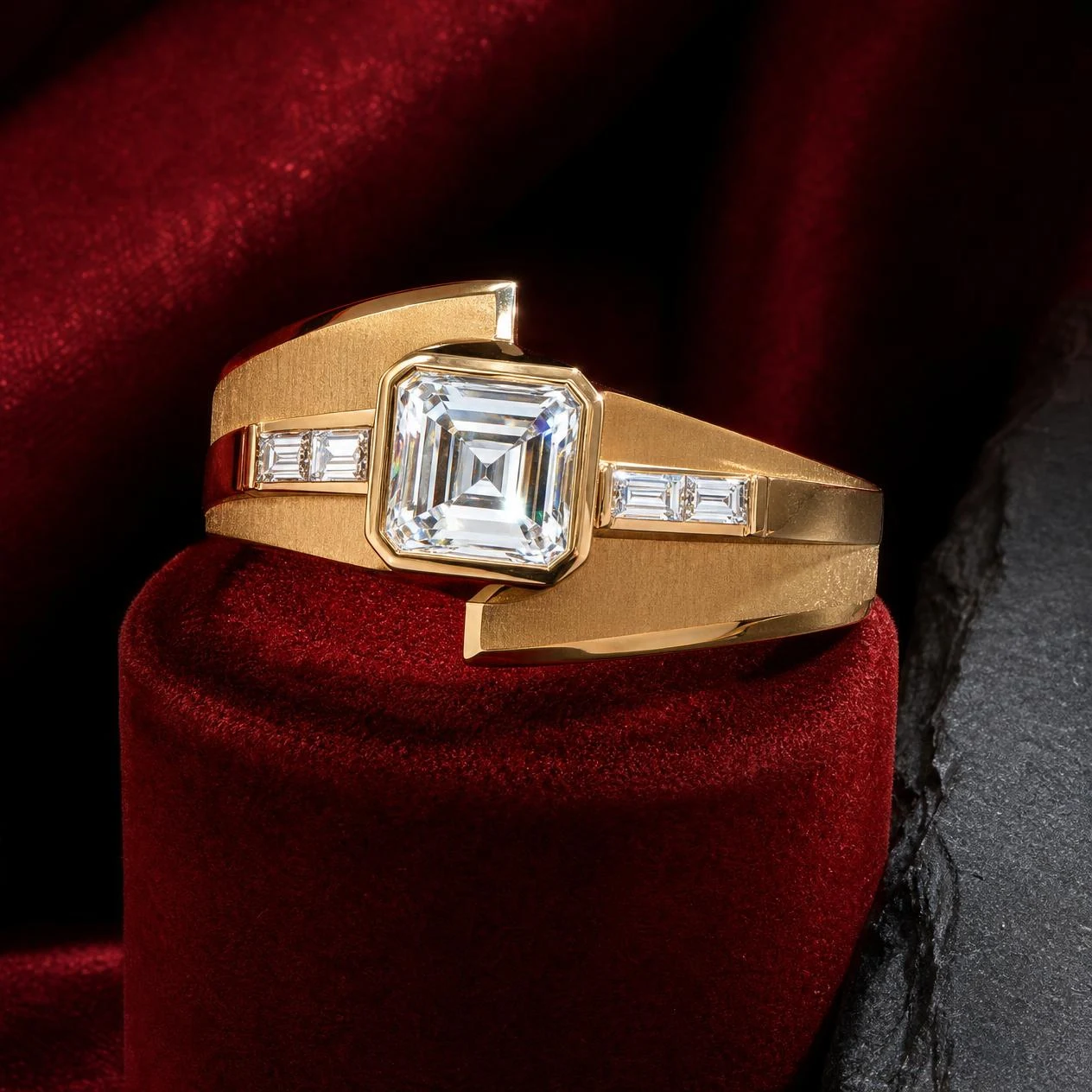 Pretoriano di Notte, 1.15 ct tw emerald lab grown diamond men’s ring in 14K yellow gold (front view)