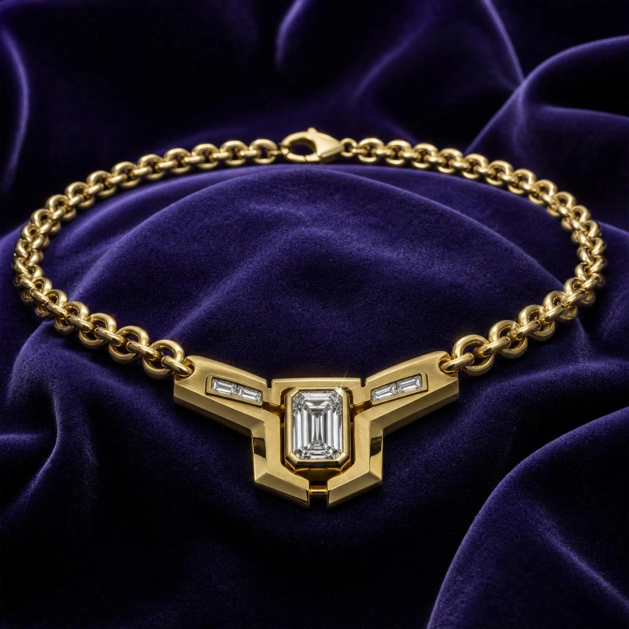 Forte Fermo, 1.47 ct tw emerald lab grown diamond men’s necklace in 14K yellow gold (front view)