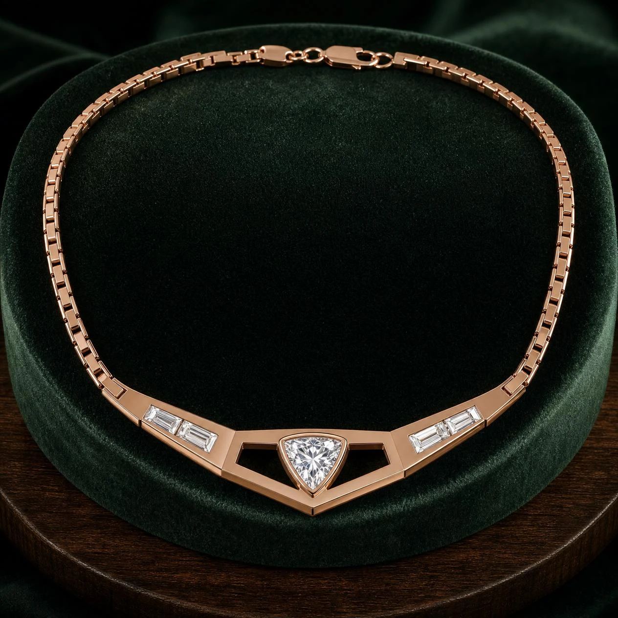 Senatore di Platino, 0.67 ct tw trillion lab grown diamond men’s necklace in rose gold (front view)