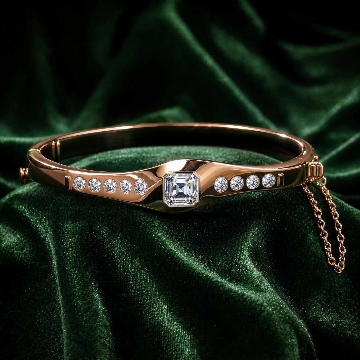 Belle Sereine, 1.38 ct tw asscher lab grown diamond bracelet in rose gold (front view)