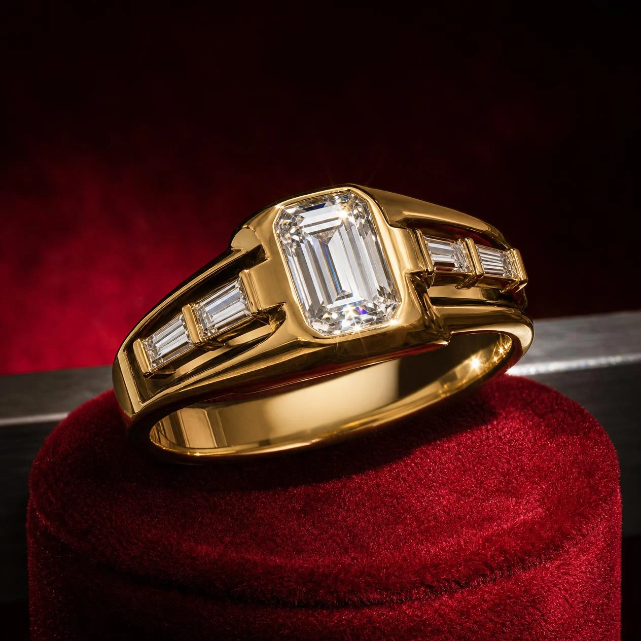 Levante del Sud, 1.1 ct tw emerald lab grown diamond men’s ring in 14K yellow gold (front view)