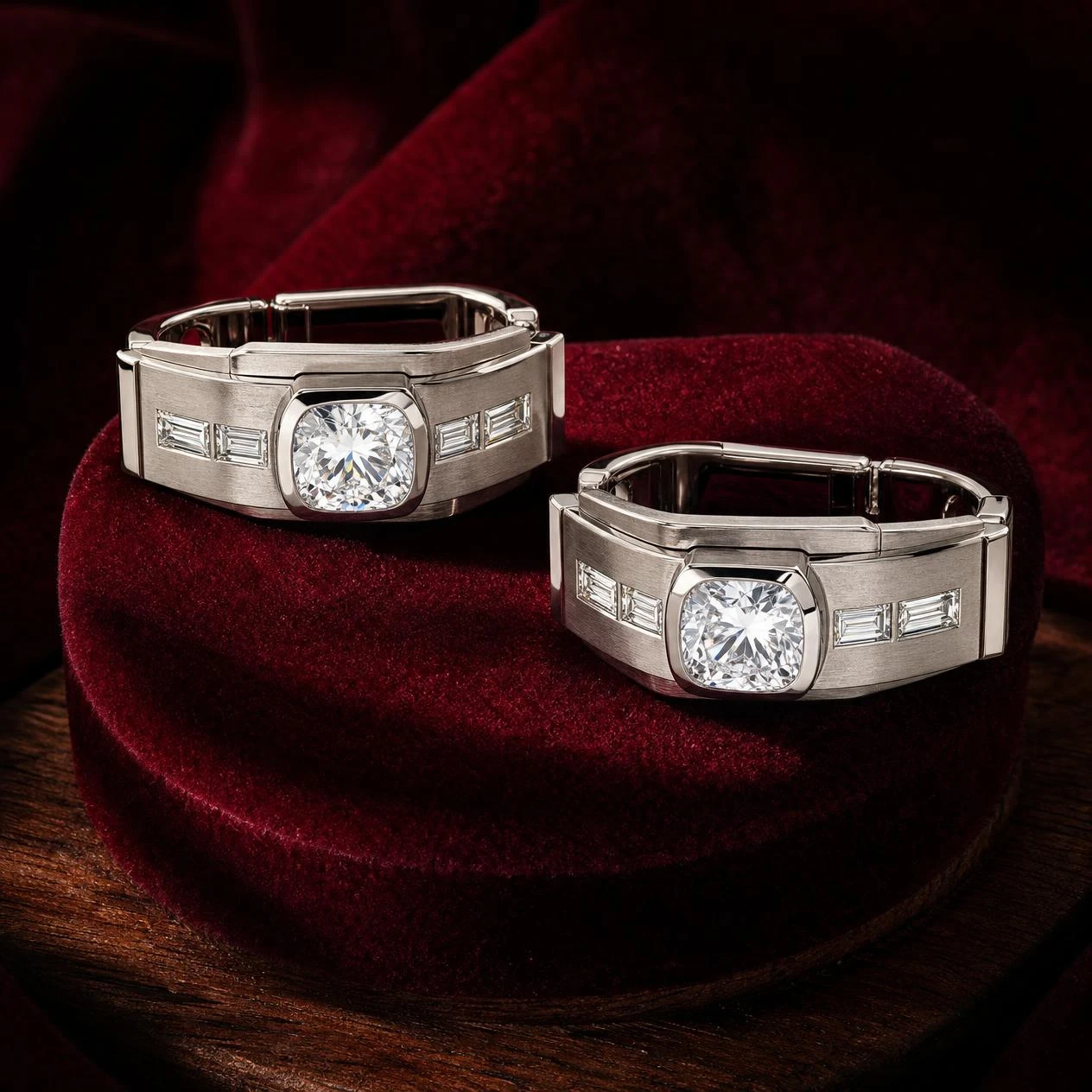Conte Vigile, 1.84 ct tw cushion lab grown diamond men’s earrings in 14K white gold (front view)