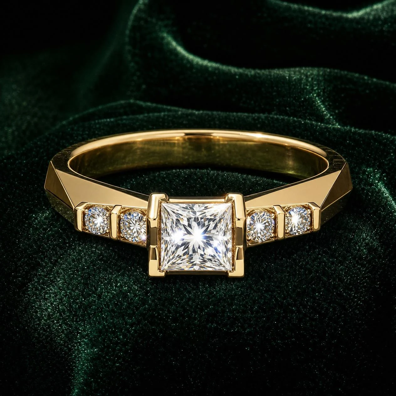 Fiamma Danzante, 1.08 ct tw princess lab grown diamond ring in 14K yellow gold (front view)