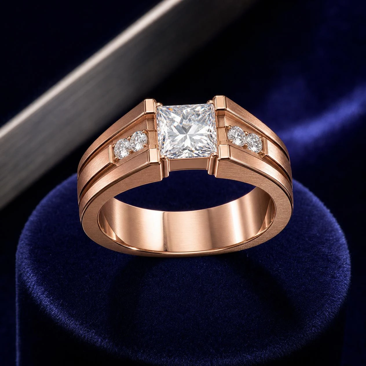 Rocca d'Oriente, 1.3 ct tw princess lab grown diamond men’s ring in rose gold (front view)