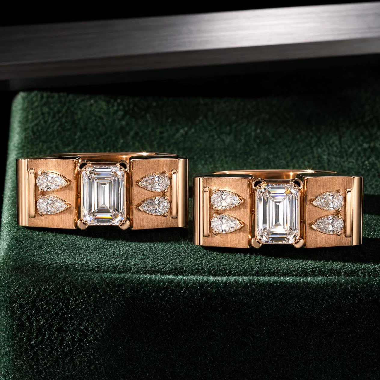 Marmo Silenzioso, 1.32 ct tw emerald lab grown diamond men’s earrings in rose gold (front view)