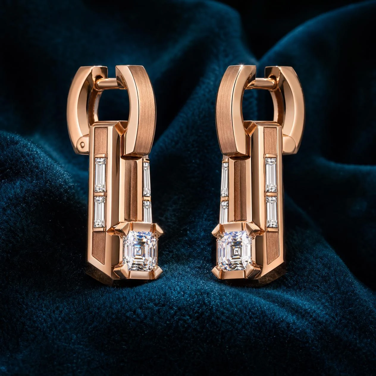 Bronzo Nobile, 1.96 ct tw asscher lab grown diamond men’s earrings in rose gold (front view)