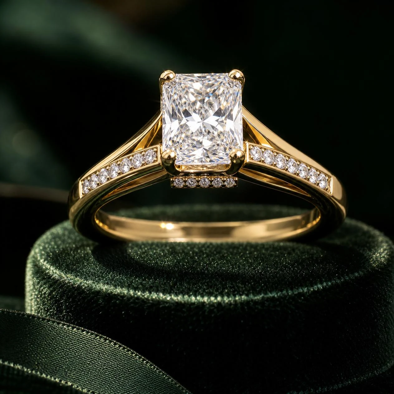 Lumière Radiosa, 1.4 ct tw radiant lab grown diamond ring in 14K yellow gold (front view)