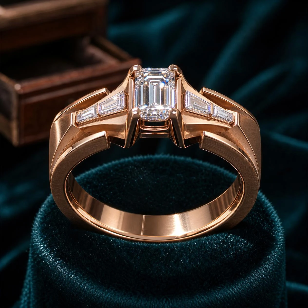 Console di Platino, 1.02 ct tw baguette lab grown diamond men’s ring in rose gold (front view)
