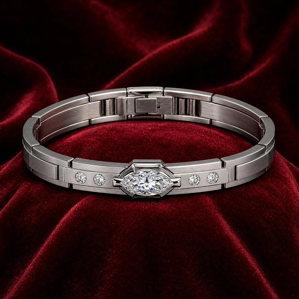 Zenit Profondo, 1.14 ct tw marquise lab grown diamond men’s bracelet in 14K white gold (front view)