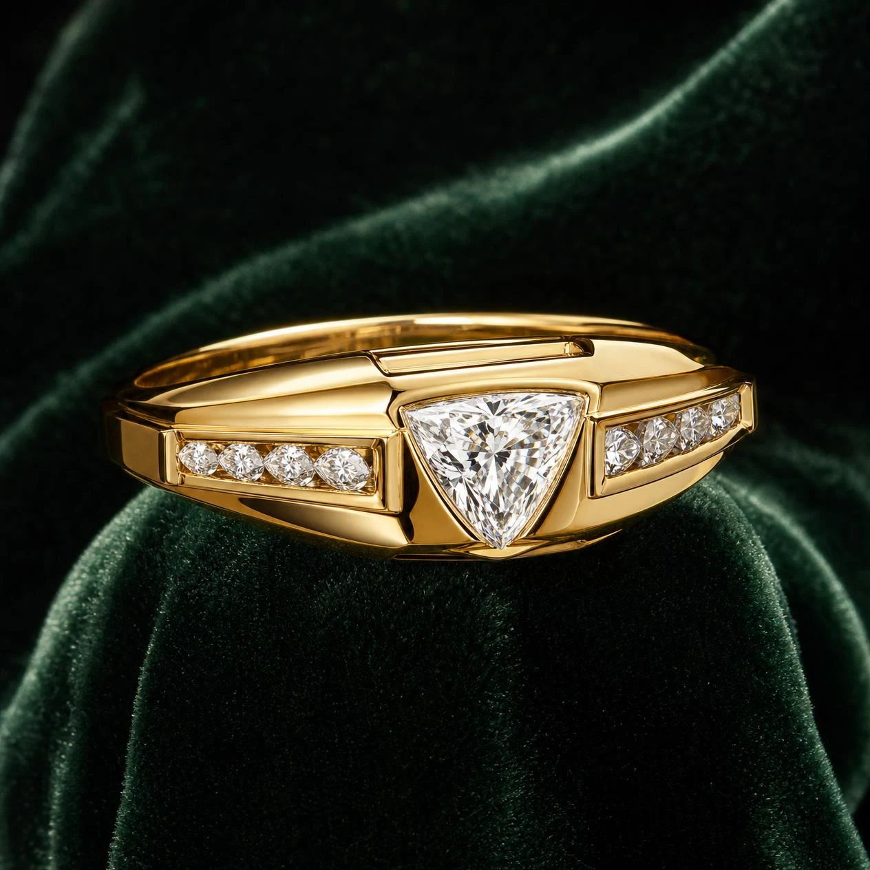 Glaciale di Roma, 0.92 ct tw trillion lab grown diamond men’s ring in 14K yellow gold (front view)