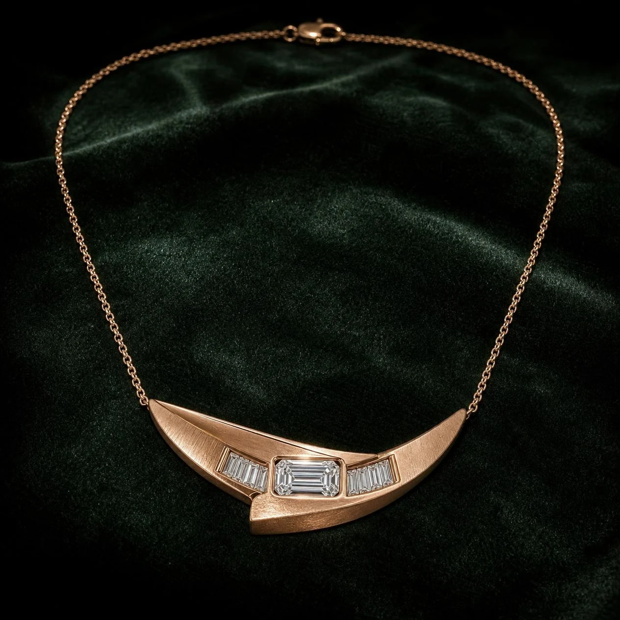 Clair Gentile, 1.25 ct tw emerald lab grown diamond necklace in rose gold (front view)
