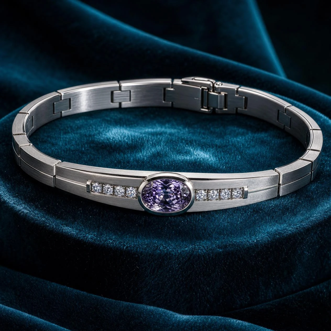 Stendardo Saldo, 1.22 ct tw oval lab grown diamond men’s bracelet in 14K white gold (front view)