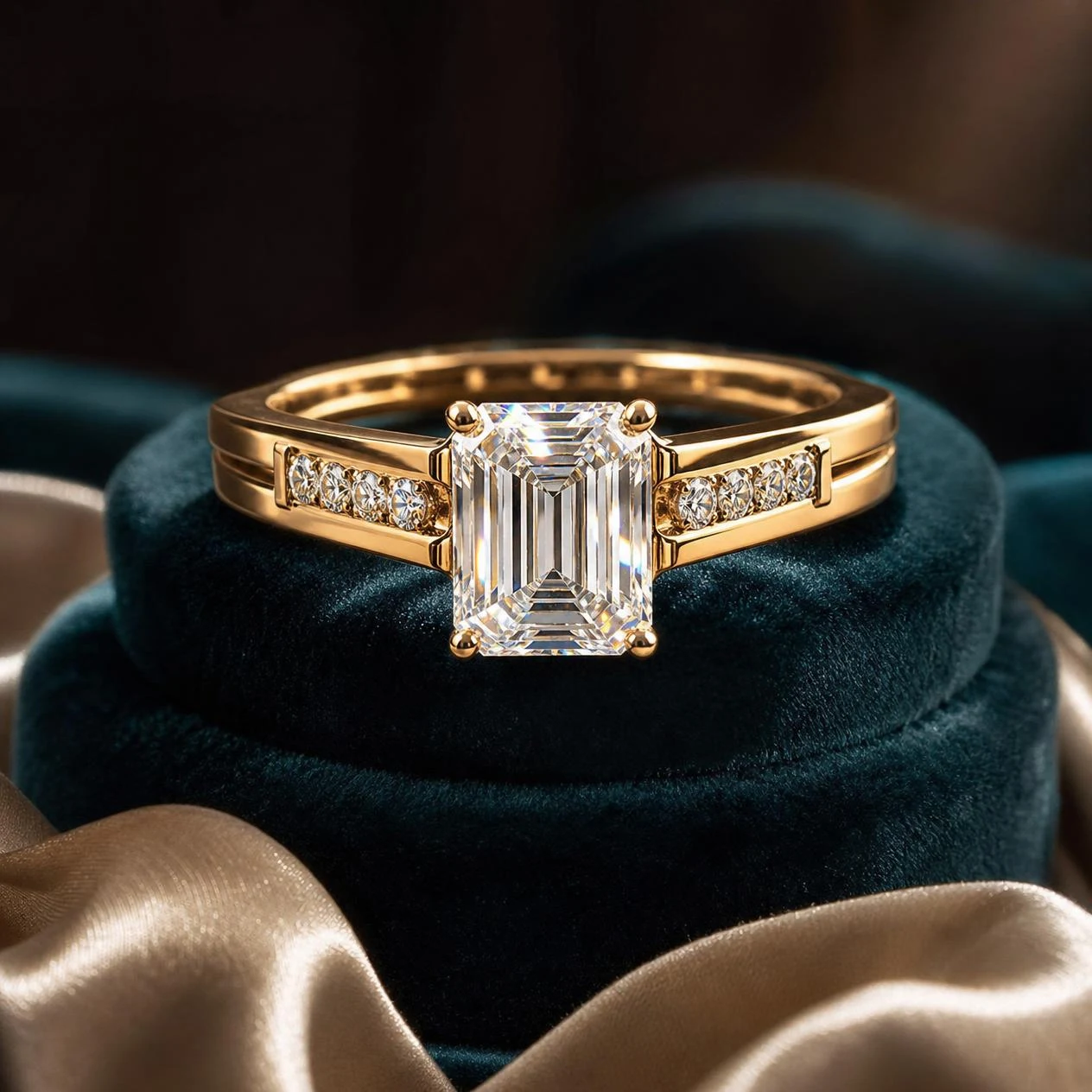 Fiamma Royale, 1.36 ct tw emerald lab grown diamond ring in 14K yellow gold (front view)