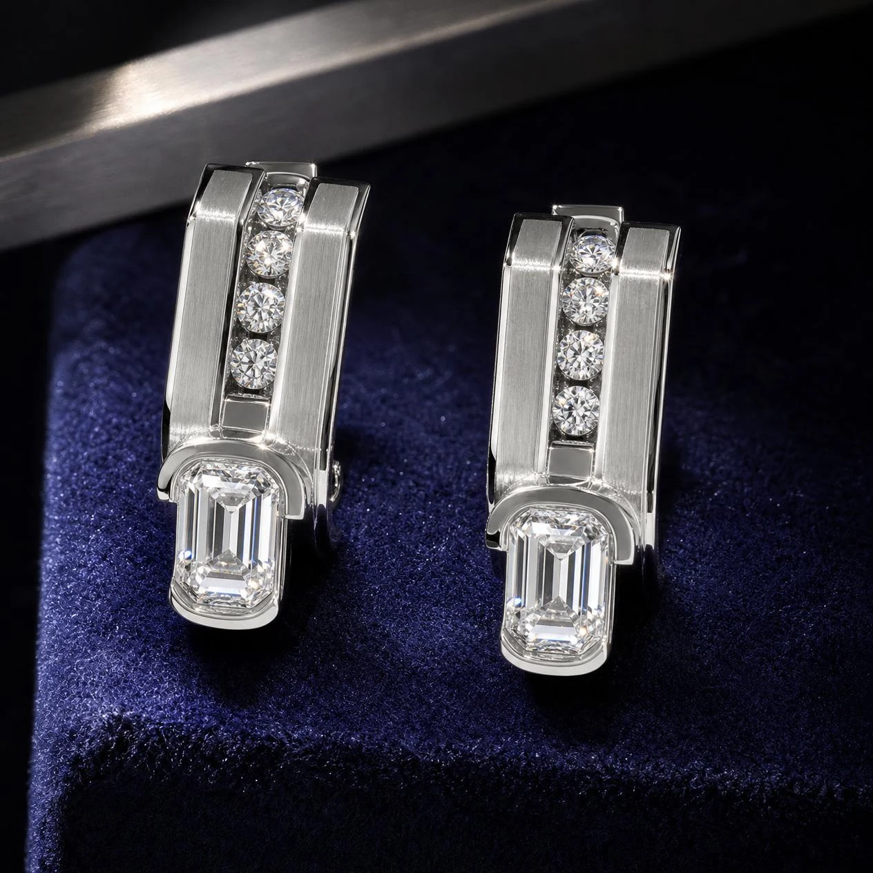 Ponente Imperiale, 1.92 ct tw baguette lab grown diamond men’s earrings in 14K white gold (front view)