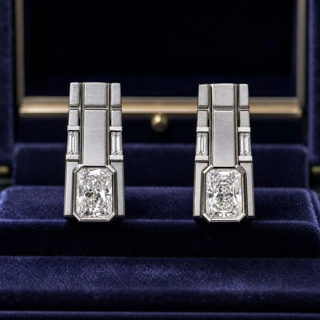 Conte di Granito, 2.44 ct tw radiant lab grown diamond men’s earrings in 14K white gold (front view)