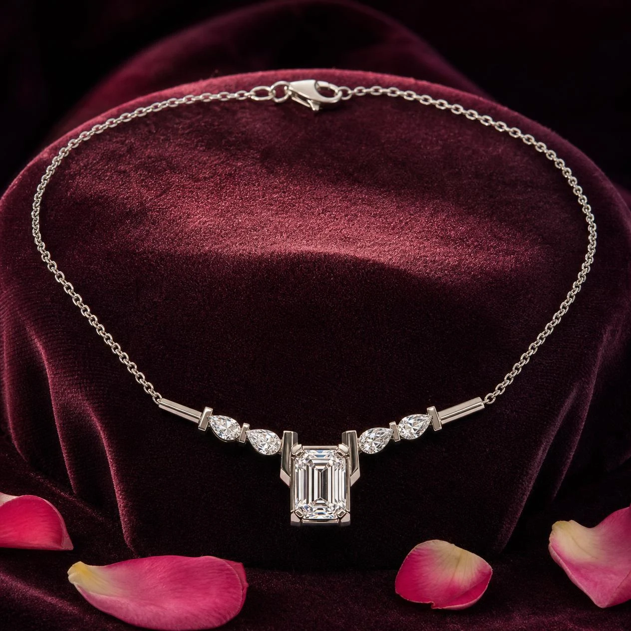 Nuvola Lucente, 1.2 ct tw emerald lab grown diamond necklace in 14K white gold (front view)
