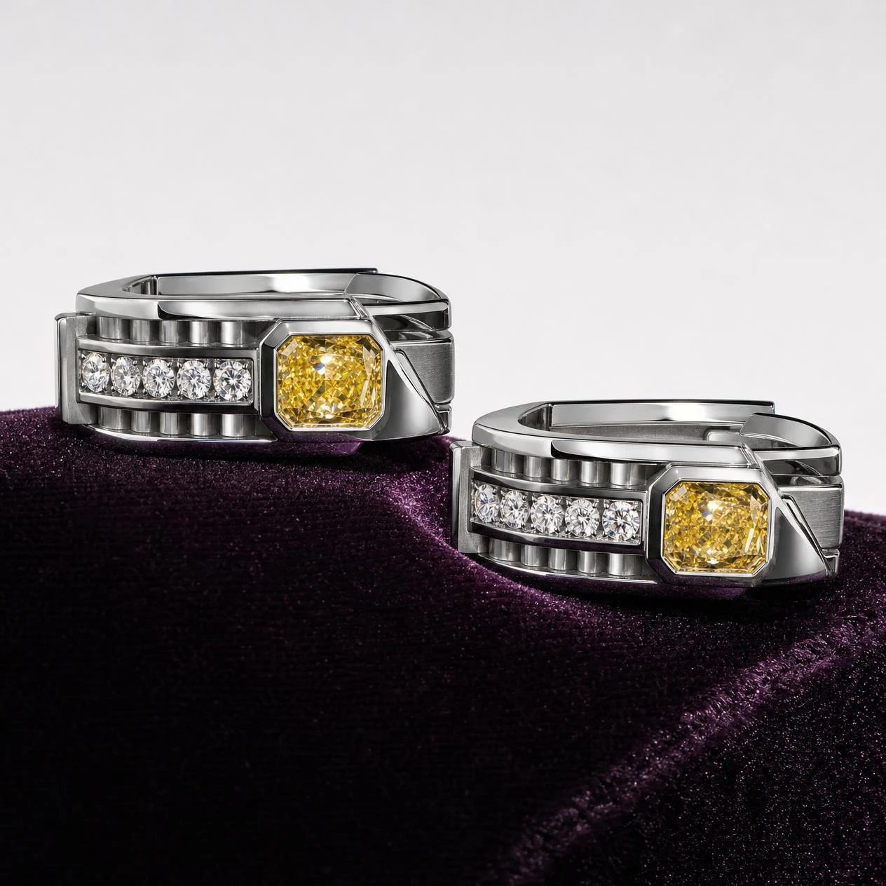 Bronzo Fermo, 1.9 ct tw radiant lab grown diamond men’s earrings in 14K white gold (front view)
