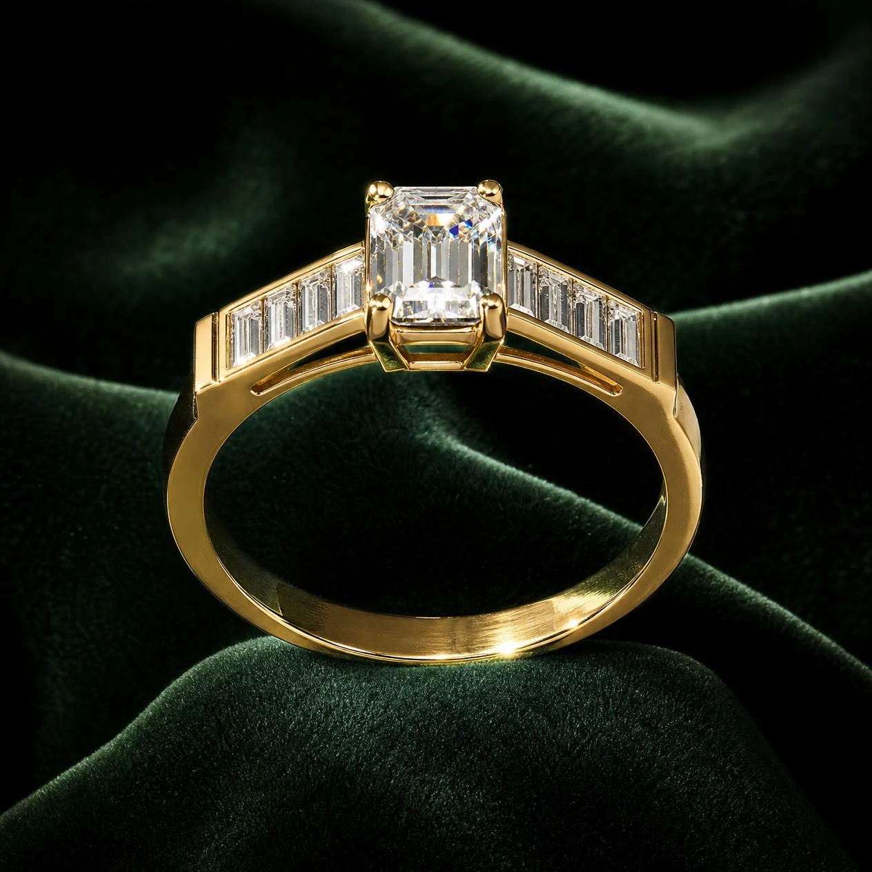 Brina Incantata, 1.54 ct tw emerald lab grown diamond ring in 14K yellow gold (front view)