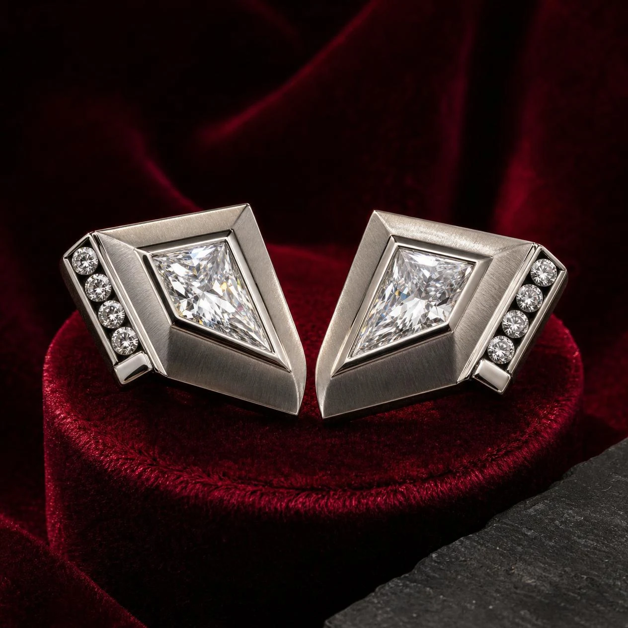 Glaciale dell'Alba, 2.3 ct tw kite lab grown diamond men’s earrings in 14K white gold (front view)