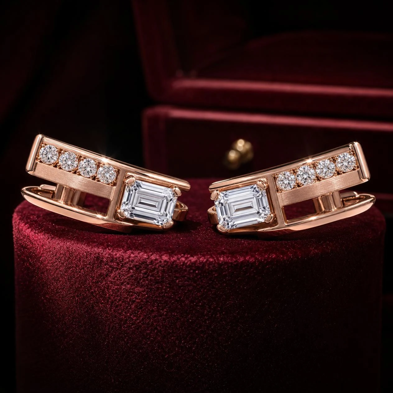Console Fiero, 1.3 ct tw emerald lab grown diamond men’s earrings in rose gold (front view)