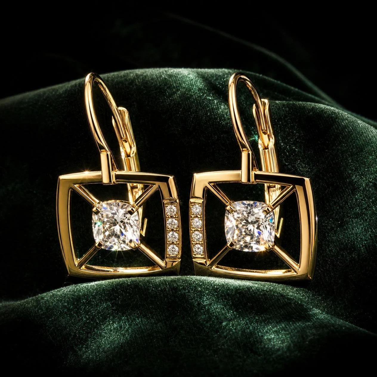Miel Serena, 1.84 ct tw cushion lab grown diamond earrings in 14K yellow gold (front view)