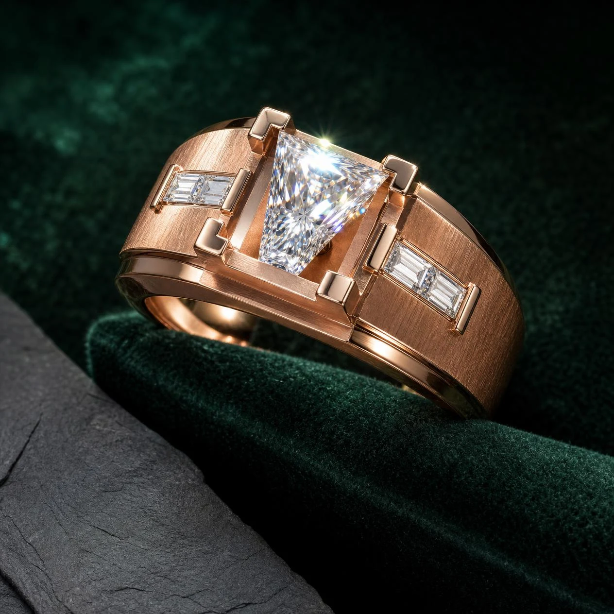 Levante Vigile, 1.4 ct tw trillion lab grown diamond men’s ring in rose gold (front view)