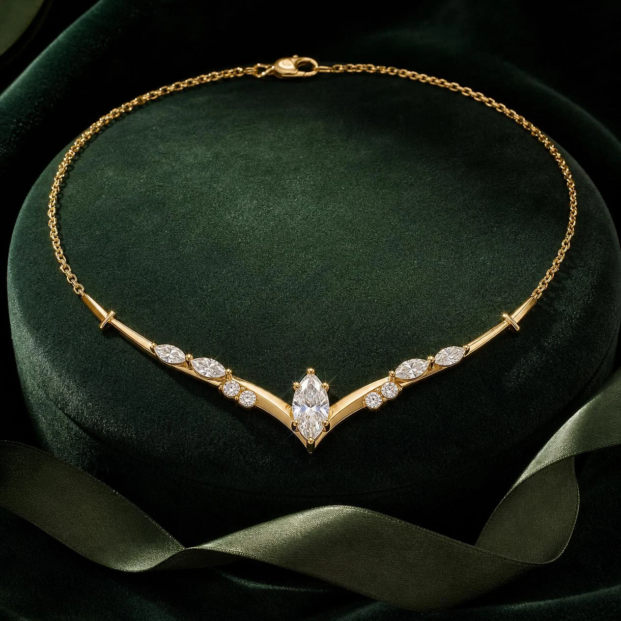 Vela di Perla, 1.11 ct tw marquise lab grown diamond necklace in 14K yellow gold (front view)