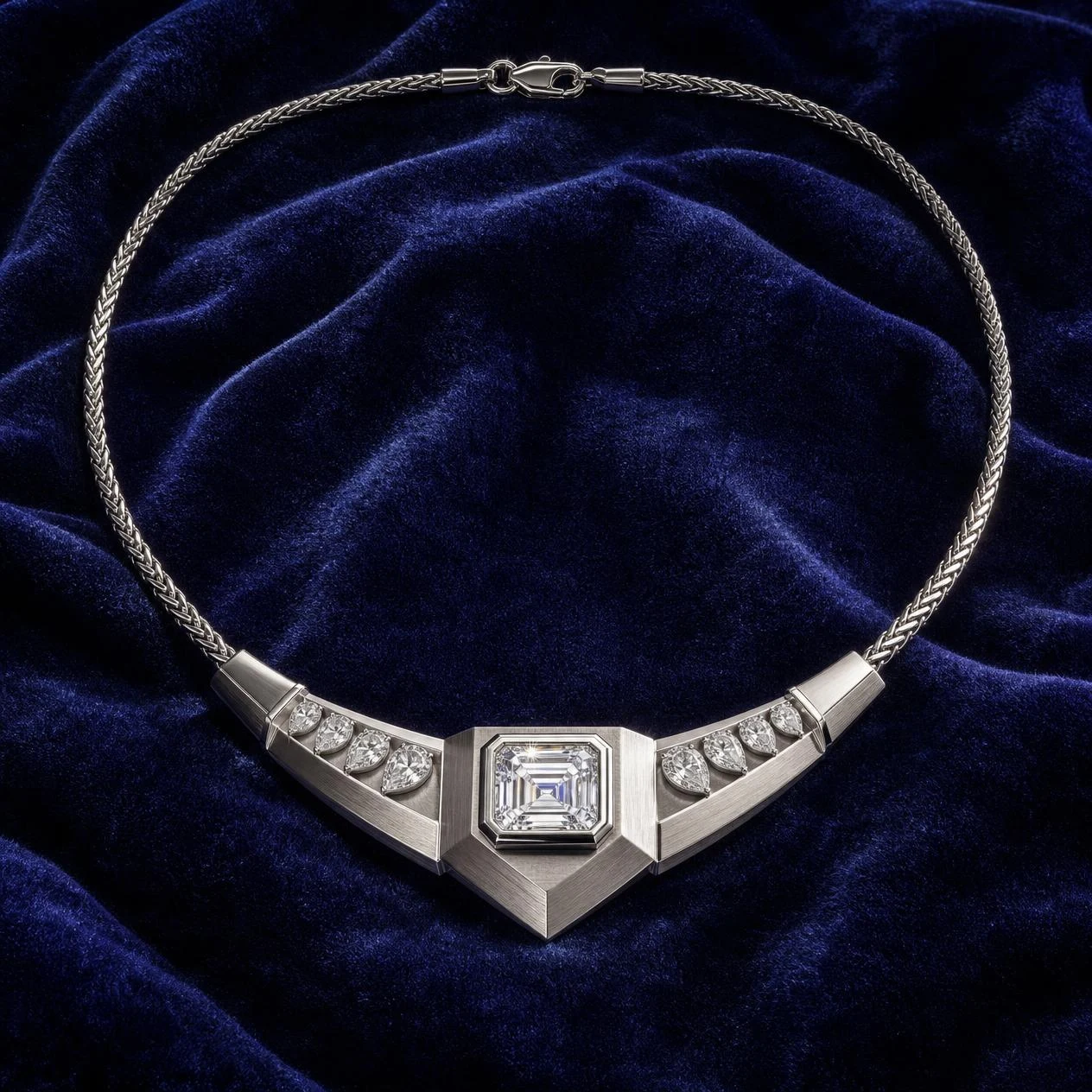 Falco Vigile, 1.5 ct tw emerald lab grown diamond men’s necklace in 14K white gold (front view)