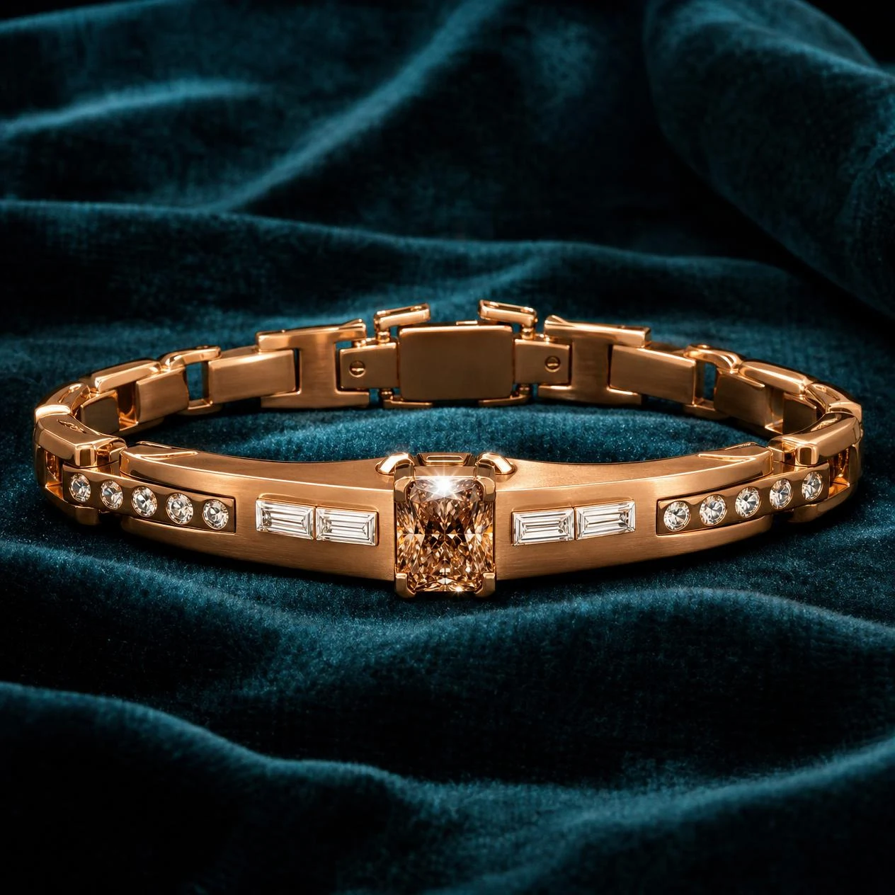 Rocca Fermo, 1.18 ct tw radiant lab grown diamond men’s bracelet in rose gold (front view)