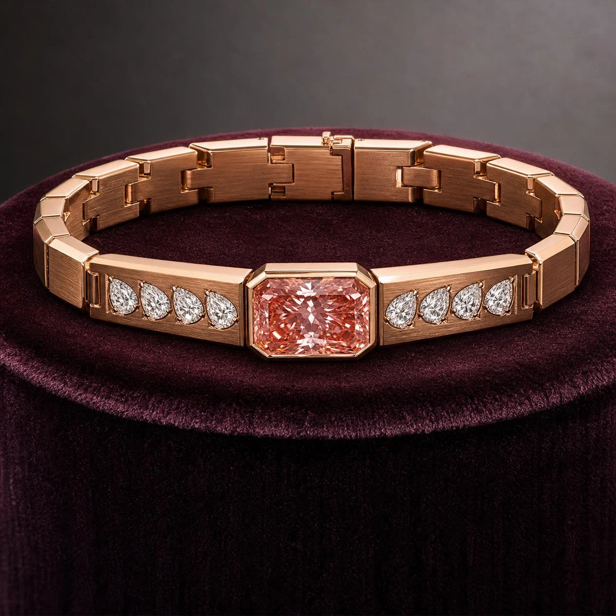 Zenit Eterno, 1.4 ct tw radiant lab grown diamond men’s bracelet in rose gold (front view)