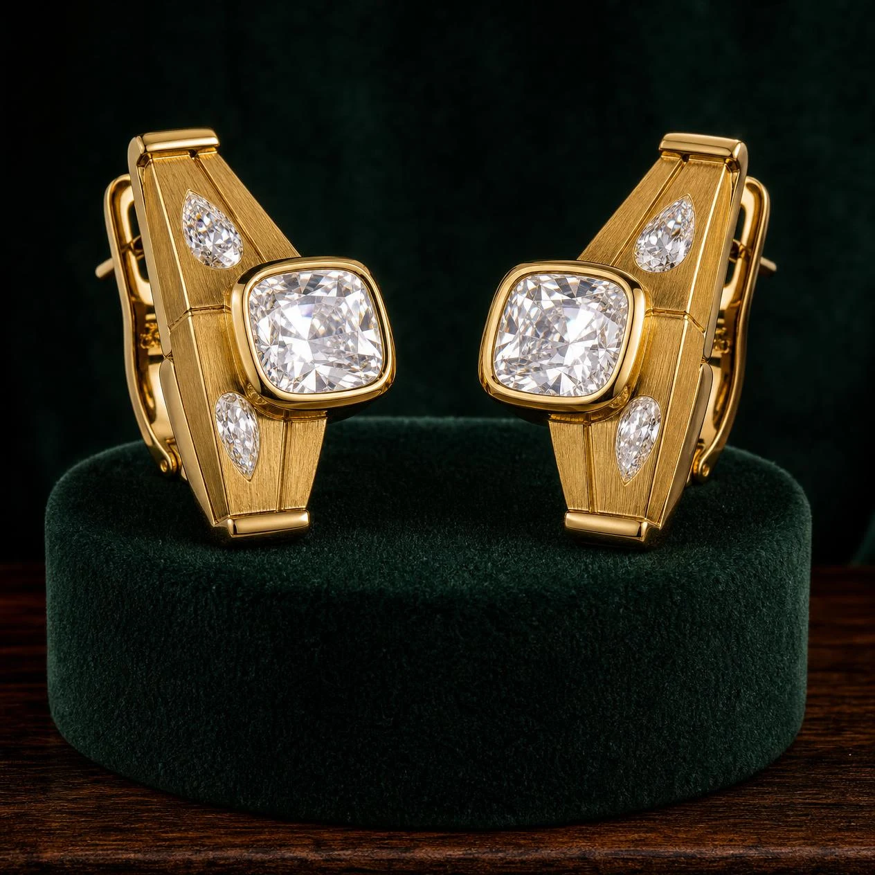 Guardiano del Sud, 2.08 ct tw cushion lab grown diamond men’s earrings in 14K yellow gold (front view)