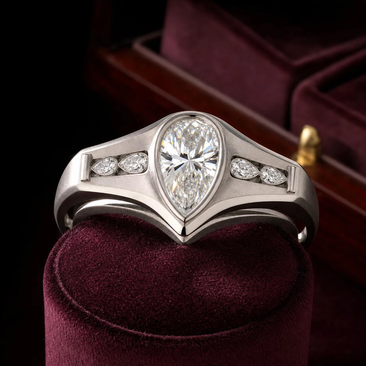 Esploratore di Bronzo, 1.3 ct tw pear lab grown diamond men’s ring in 14K white gold (front view)