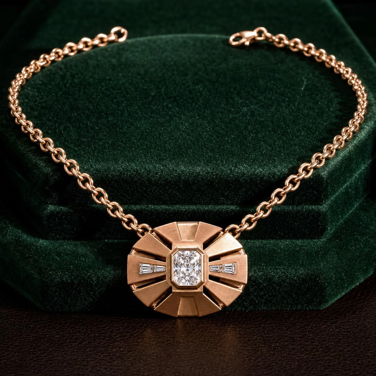 Condottiero Antico, 1.07 ct tw radiant lab grown diamond men’s necklace in rose gold (front view)