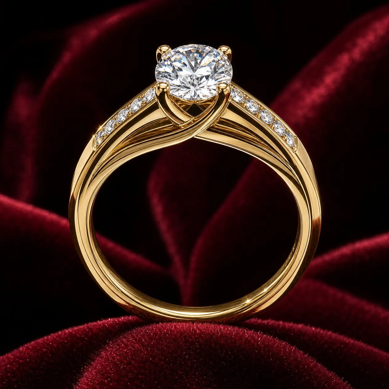 Miel Lucente, 1.36 ct tw round lab grown diamond ring in 14K yellow gold (front view)