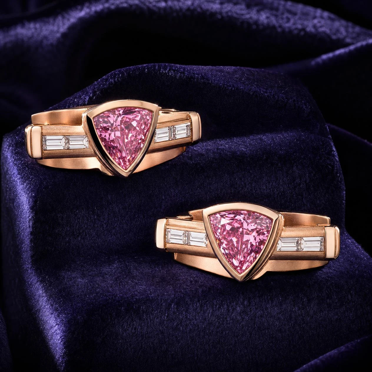 Tribuno Audace, 2.44 ct tw trillion lab grown diamond men’s earrings in rose gold (front view)
