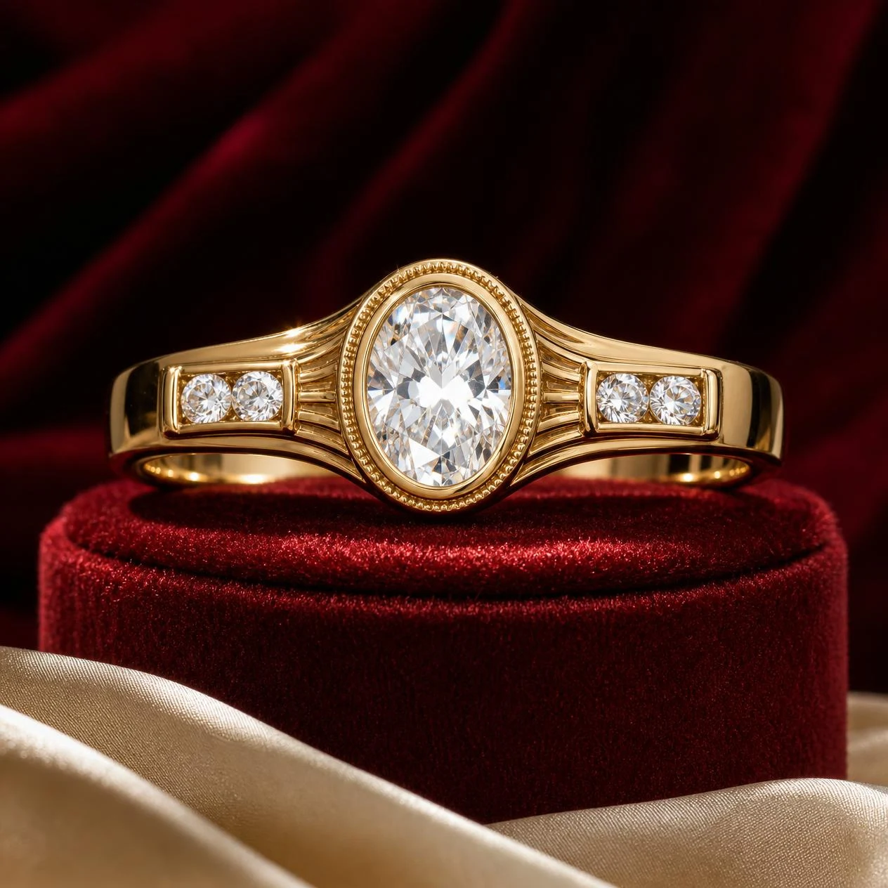 Dalia di Perla, 1.32 ct tw oval lab grown diamond ring in 14K yellow gold (front view)