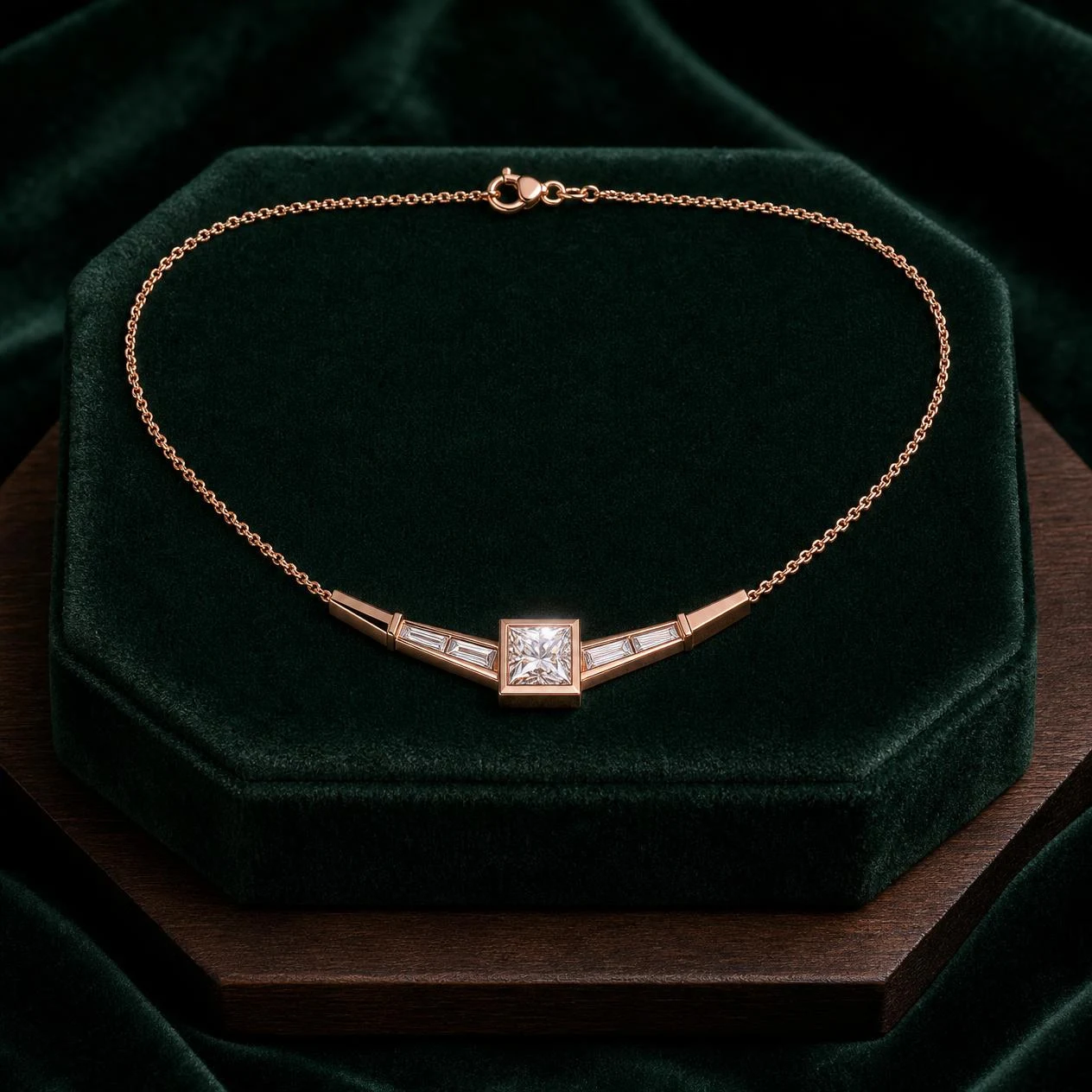 Scoglio dell'Alba, 1.26 ct tw princess lab grown diamond men’s necklace in rose gold (front view)
