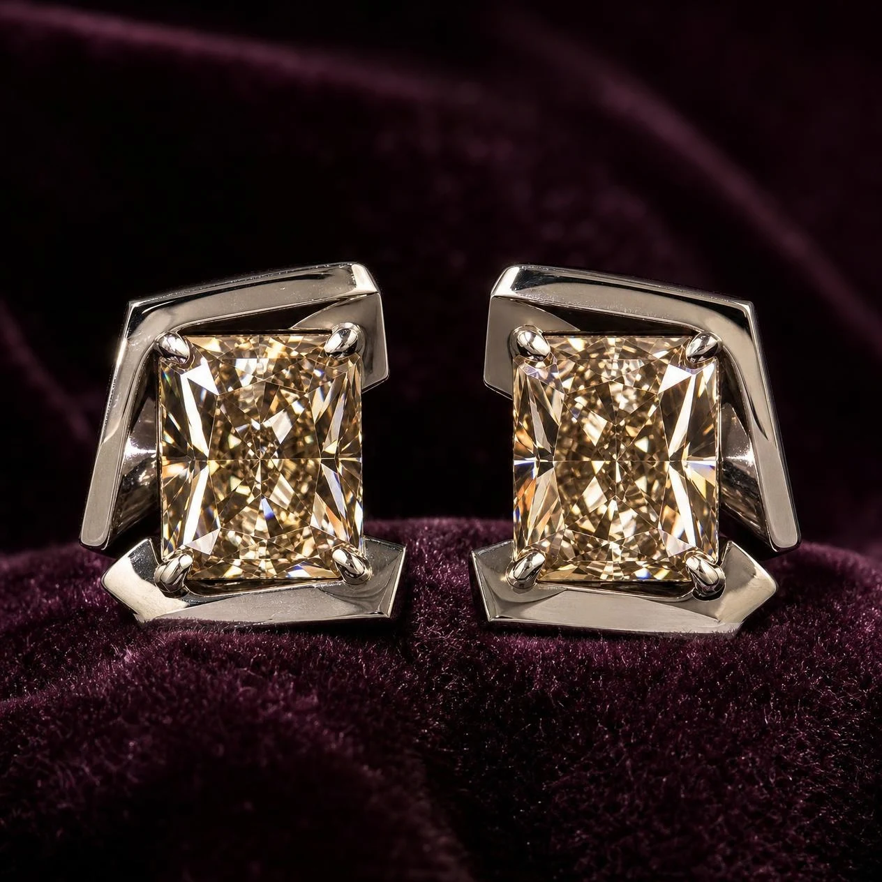 Esencia Honda, 1 ct radiant lab grown diamond earrings in 14K white gold (front view)