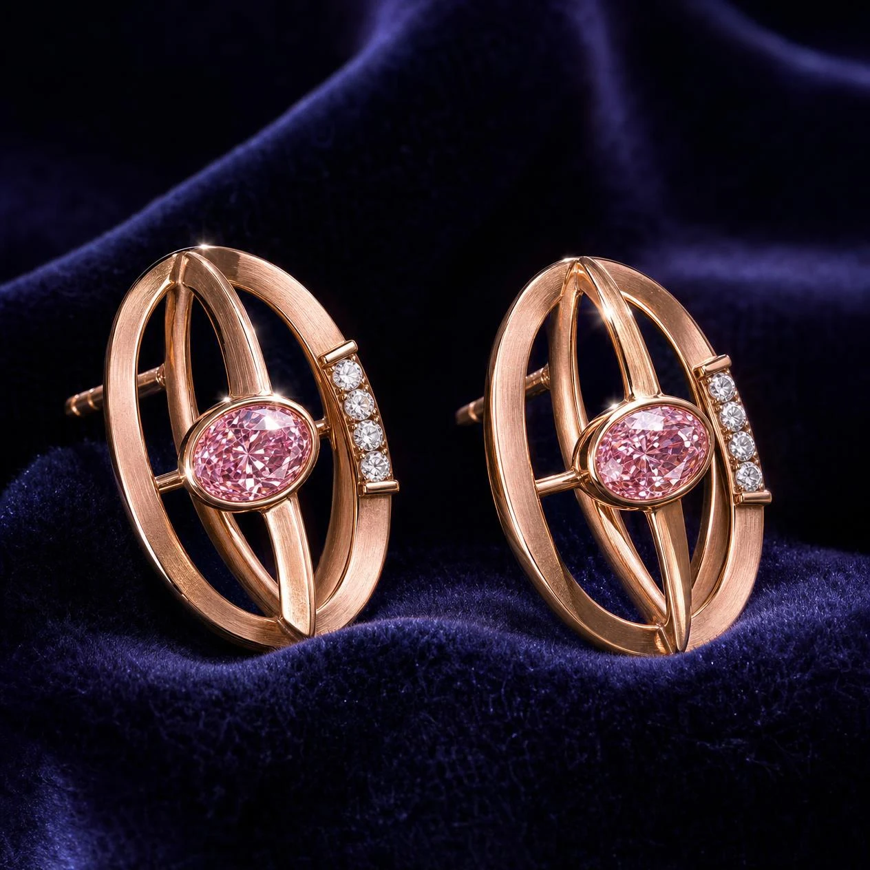 Brume Delicata, 1.42 ct tw oval lab grown diamond earrings in rose gold (front view)