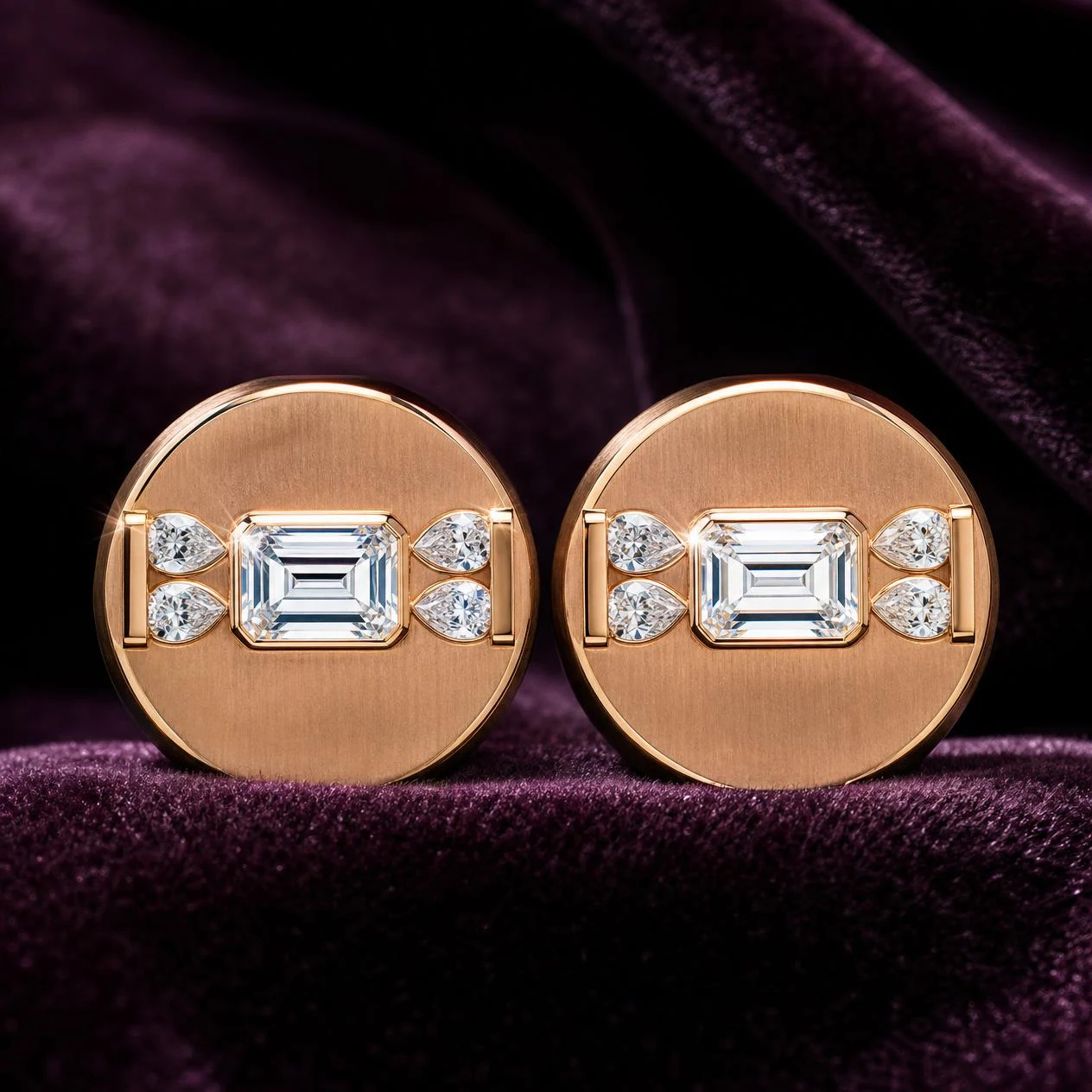 Rocca Indomito, 2.04 ct tw emerald lab grown diamond men’s earrings in rose gold (front view)