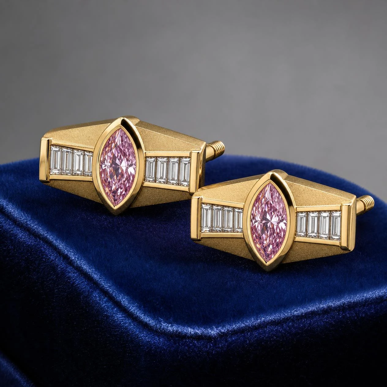 Vessillo di Granito, 2.84 ct tw marquise lab grown diamond men’s earrings in 14K yellow gold (front view)