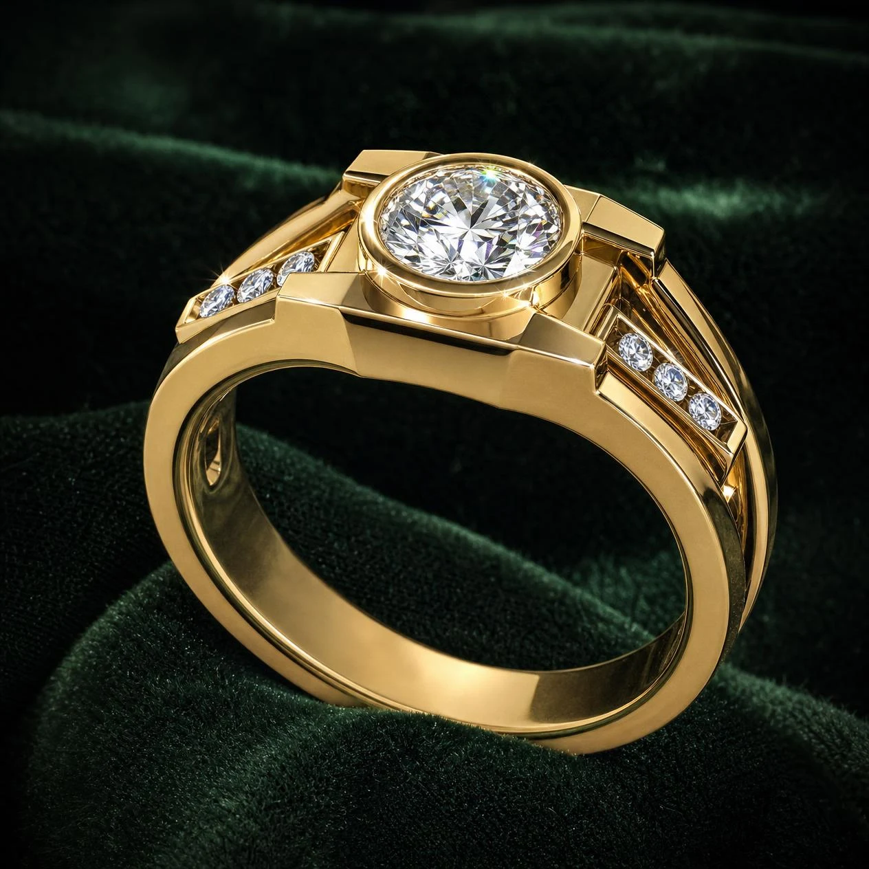 Condottiero Audace, 1.35 ct tw round lab grown diamond men’s ring in 14K yellow gold (front view)