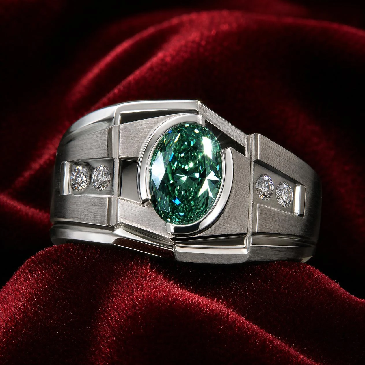 Leone di Marmo, 1.35 ct tw oval lab grown diamond men’s ring in 14K white gold (front view)