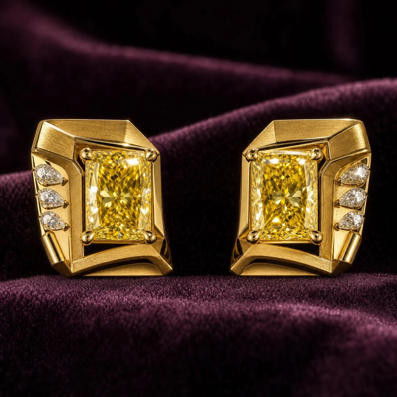 Basalto di Firenze, 2 ct tw radiant lab grown diamond men’s earrings in 14K yellow gold (front view)