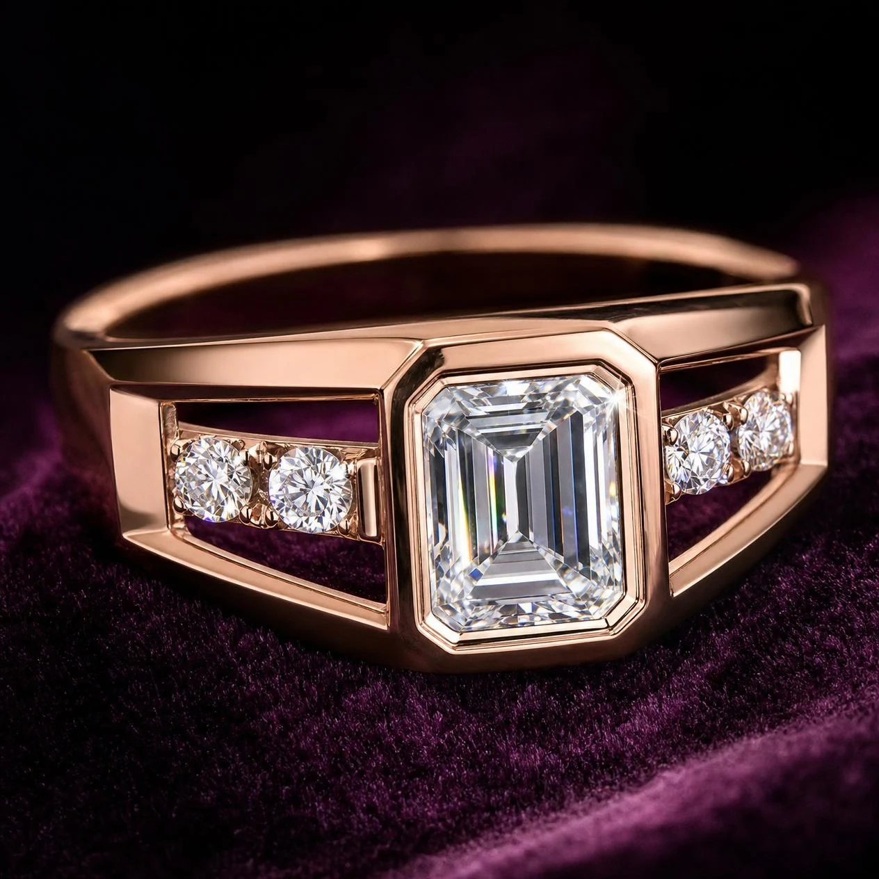 Lumière Sottile, 1.06 ct tw emerald lab grown diamond ring in rose gold (front view)