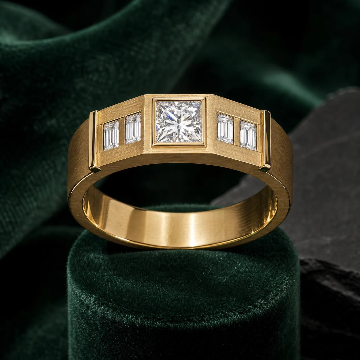 Promontorio Supremo, 0.75 ct tw princess lab grown diamond men’s ring in 14K yellow gold (front view)