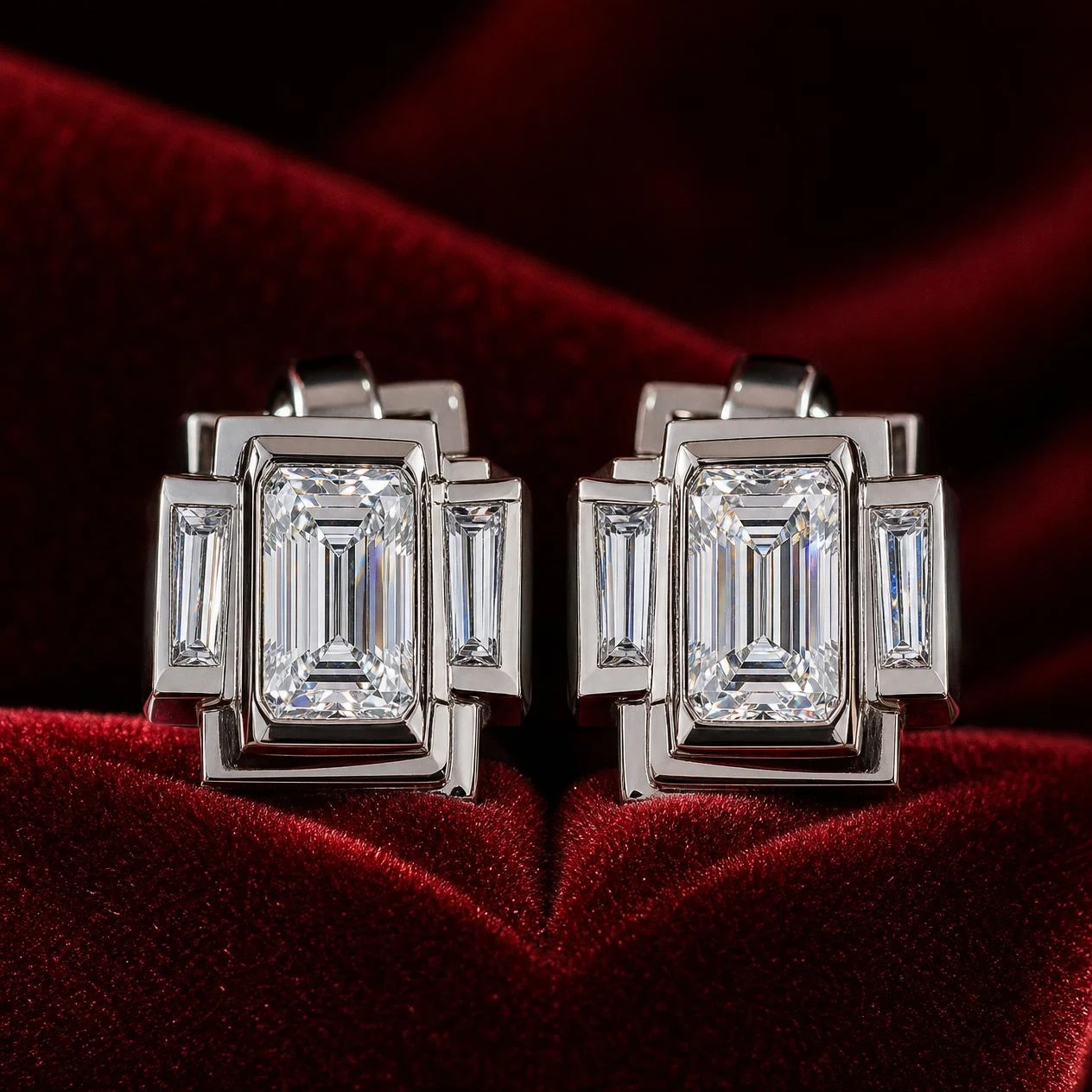 Barone del Sud, 2.4 ct tw emerald lab grown diamond men’s earrings in 14K white gold (front view)