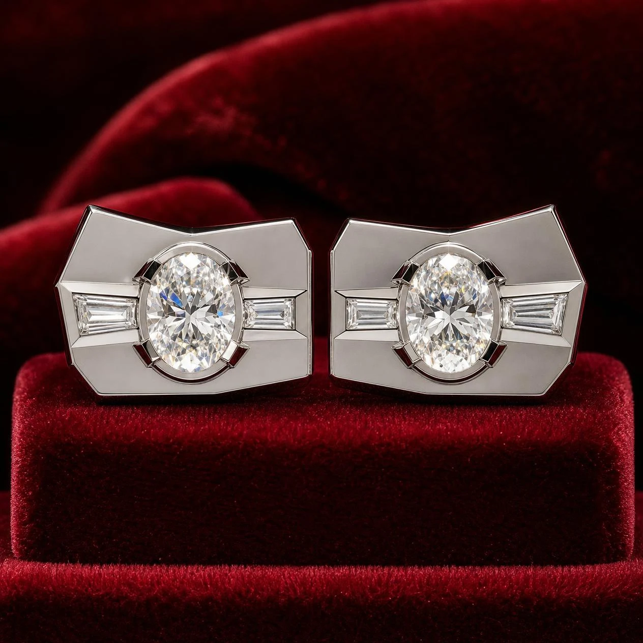 Levante d'Occidente, 2.4 ct tw oval lab grown diamond men’s earrings in 14K white gold (front view)