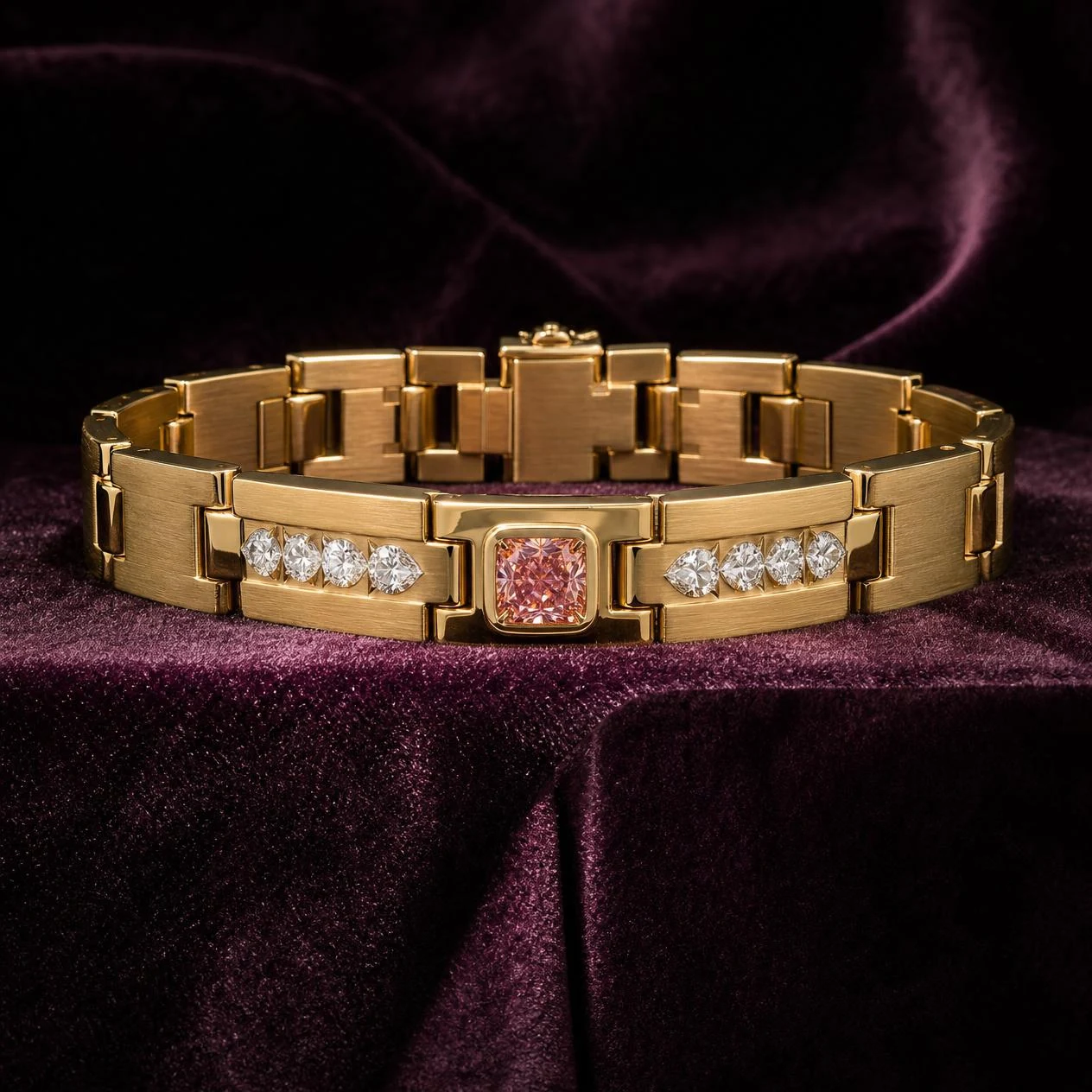 Ebano Fiero, 0.87 ct tw cushion lab grown diamond men’s bracelet in 14K yellow gold (front view)