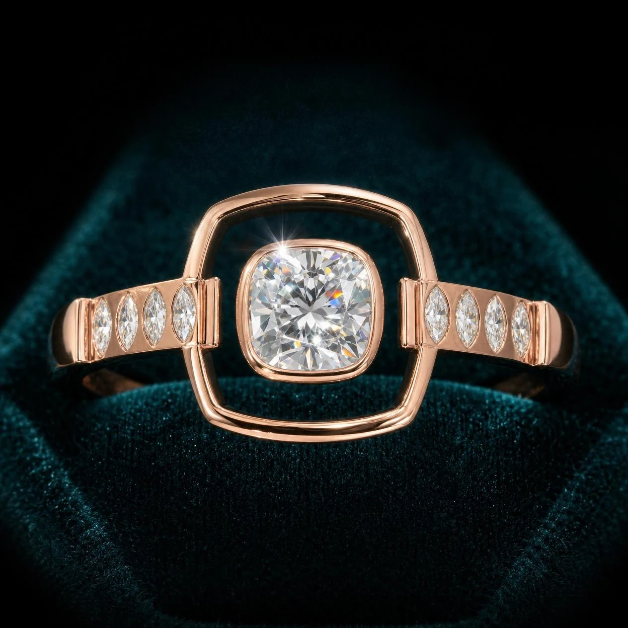 Celeste de Minuit, 1.37 ct tw cushion lab grown diamond ring in rose gold (front view)